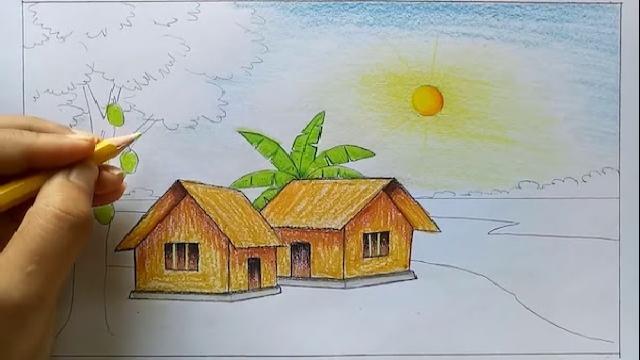 ve tranh phong canh nha gan nui Hướng dẫn vẽ tranh phong cảnh đẹp đơn giản bằng bút chì, màu Hướng dẫn vẽ tranh phong cảnh đẹp đơn giản bằng bút chì, màu