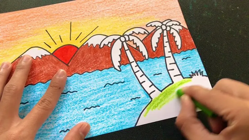 Vẽ tranh phong cảnh biển với bút chì và sáp màu