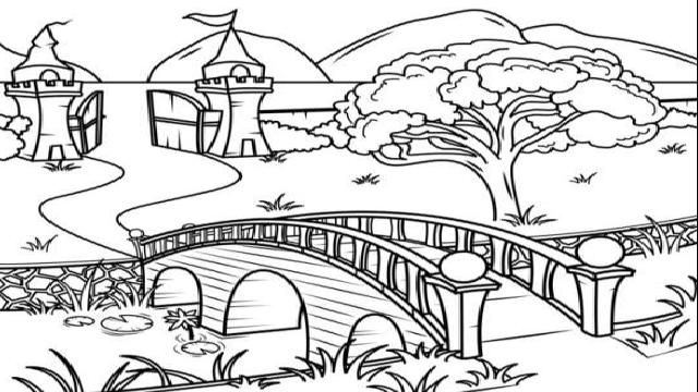 Tranh tô màu phong cảnh quê hương gắn liền với hình ảnh cây cầu, con sông